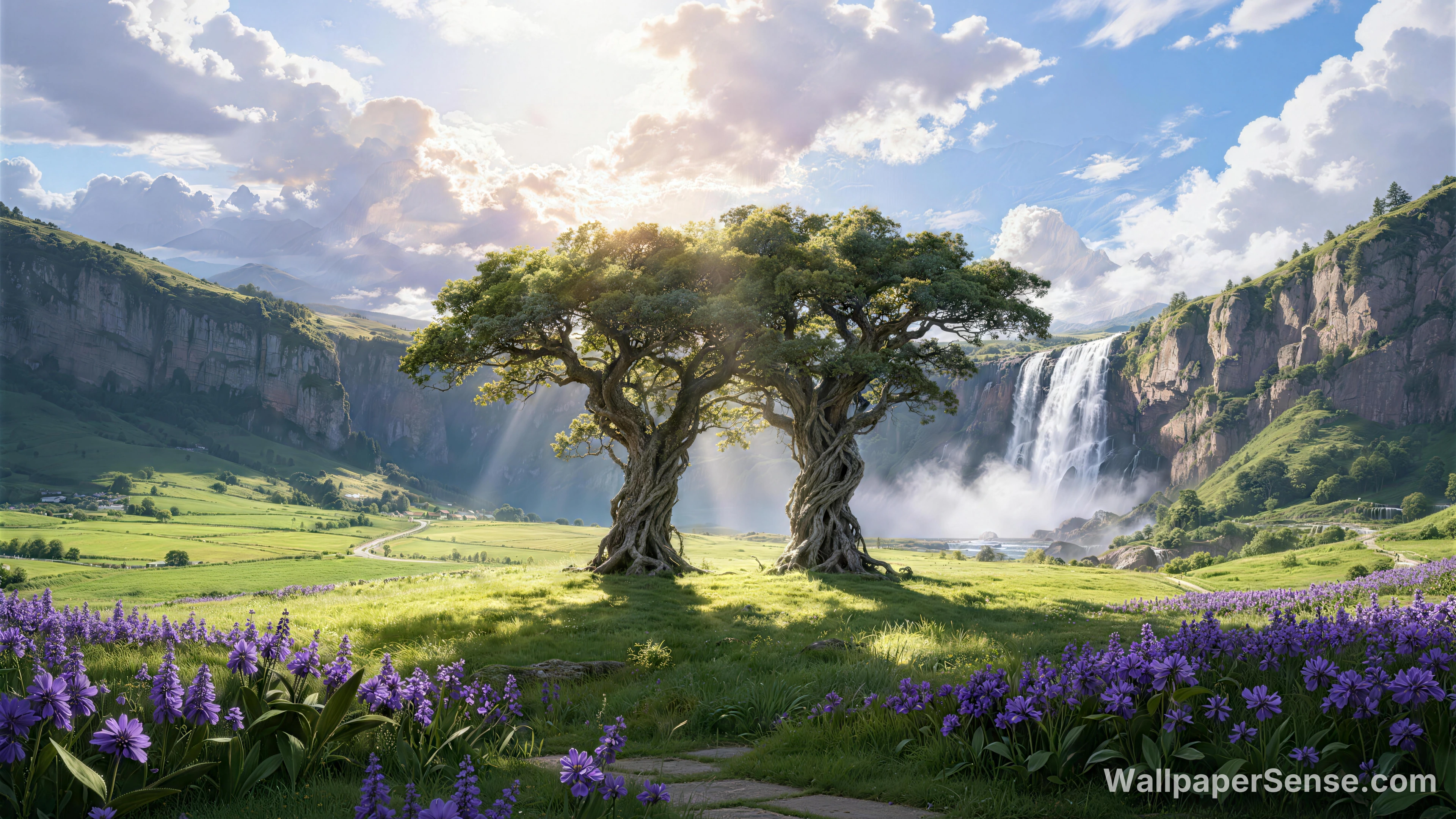 Oriental Art Valley Waterfall 8K Ultra HD Desktop Wallpaper