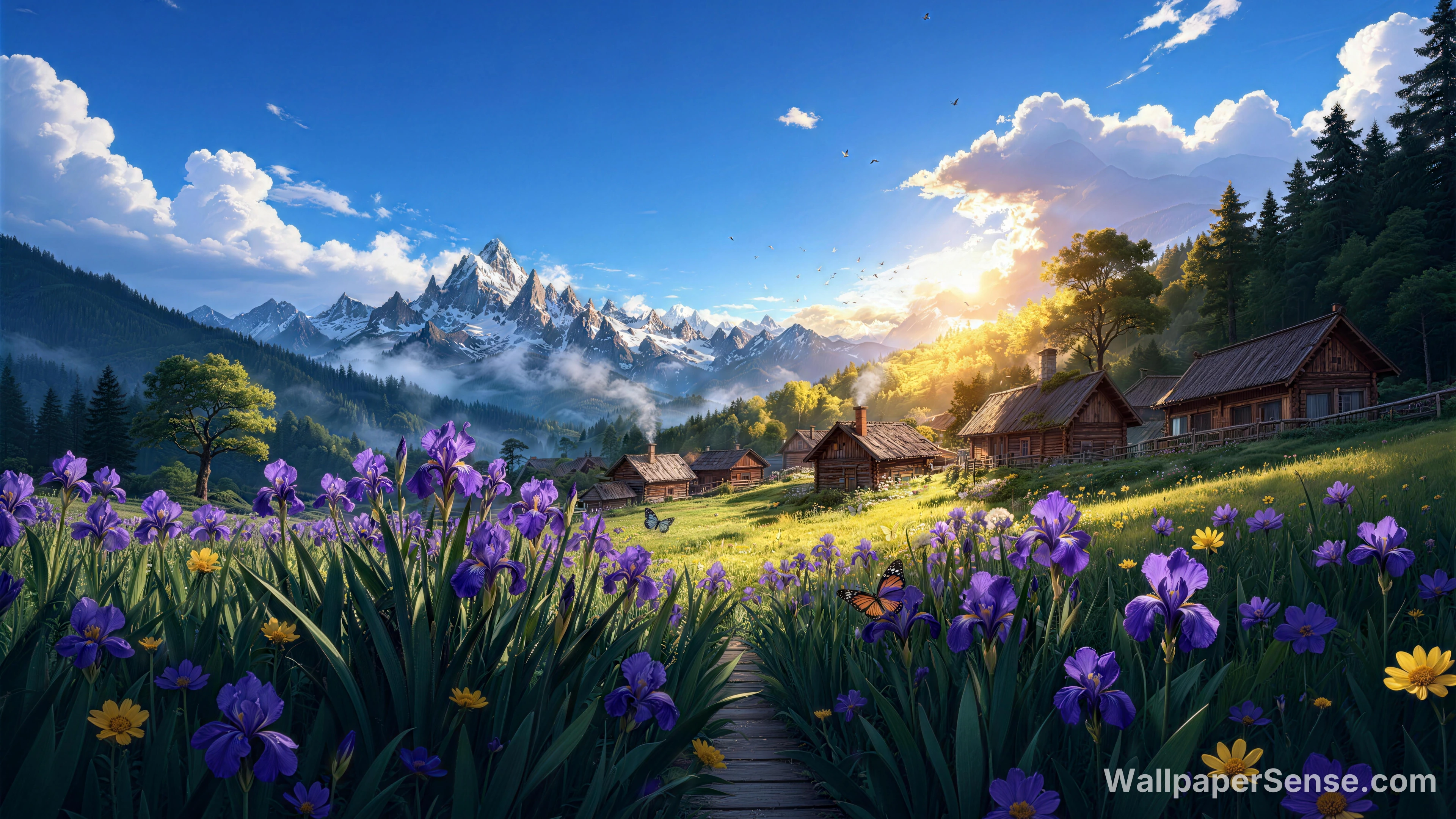 Alpine Village Spring Flowers 8K Ultra HD Desktop Wallpaper