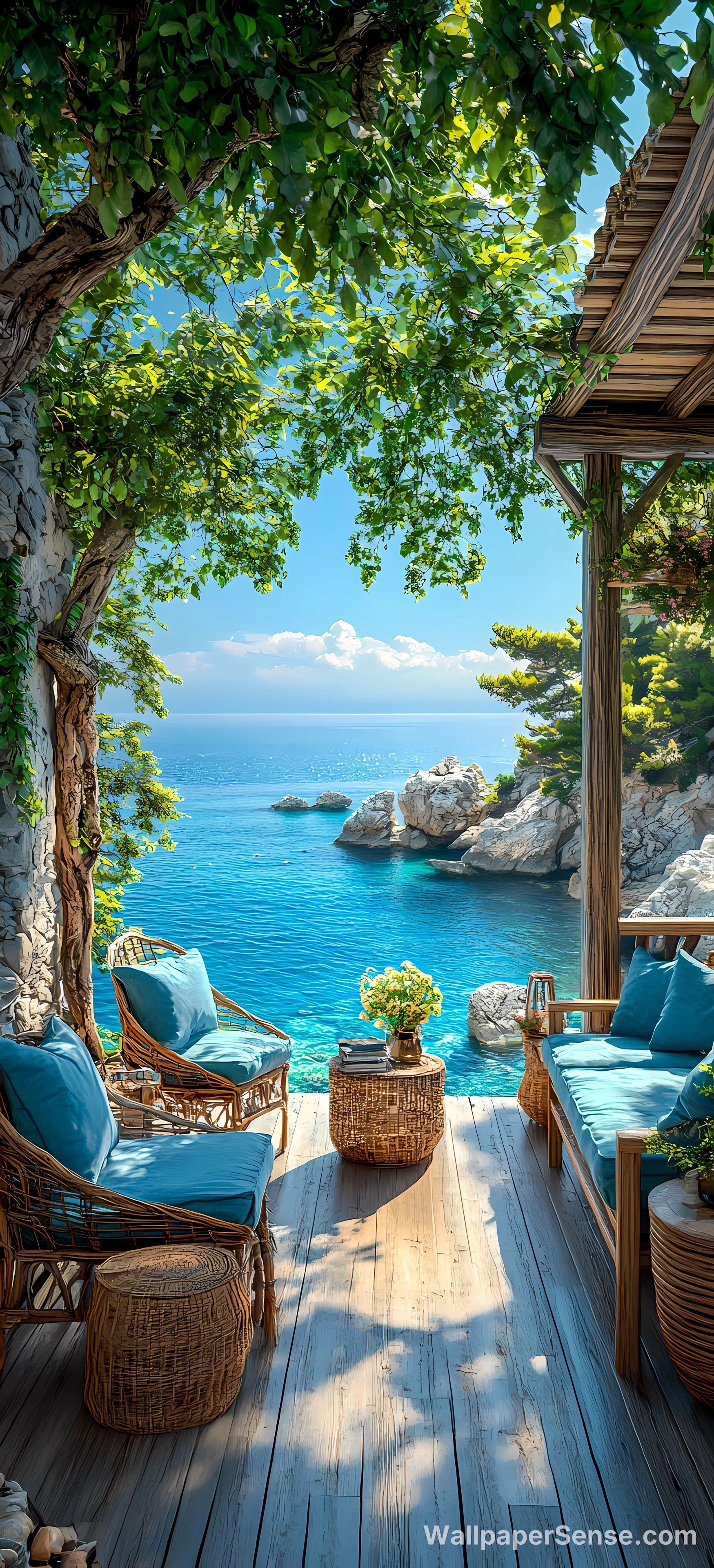 Mediterranean Ocean View Terrace 8K Ultra HD Phone Wallpaper