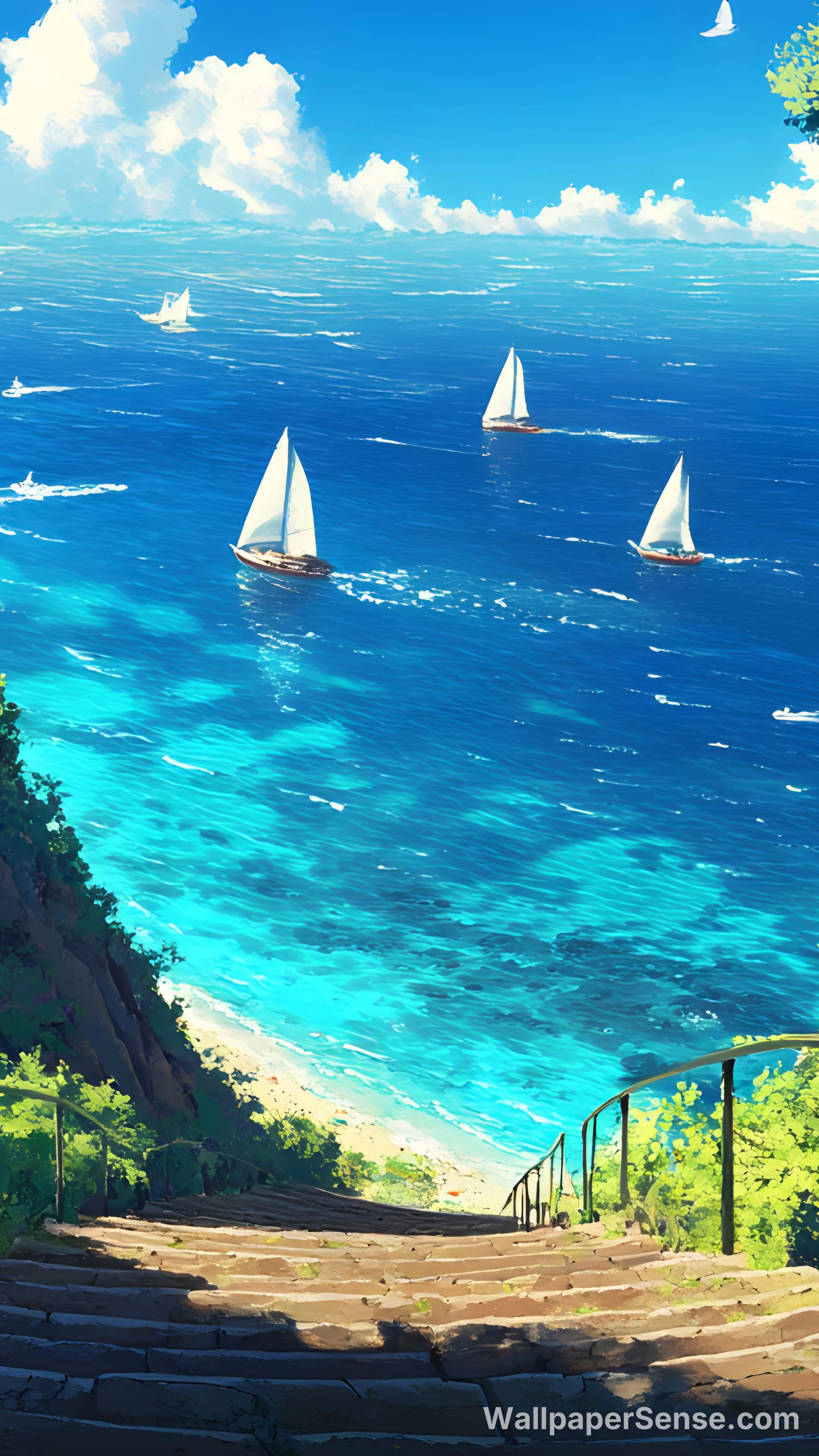 Studio Ghibli Style Seaside Stairs 8K Ultra HD Phone Wallpaper