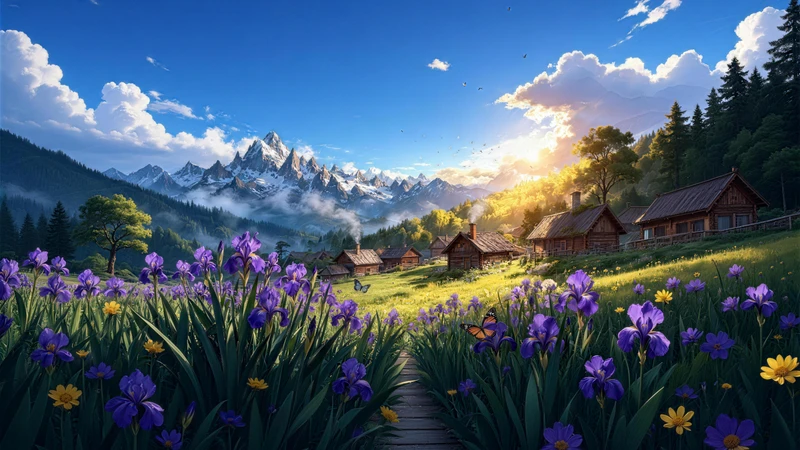 Alpine Village Spring Flowers 8K Ultra HD Desktop Wallpaper