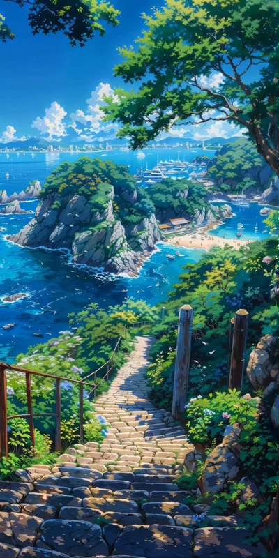 Japanese Coastal Path 8K Ultra HD Phone Wallpaper