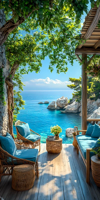 Mediterranean Ocean View Terrace 8K Ultra HD Phone Wallpaper