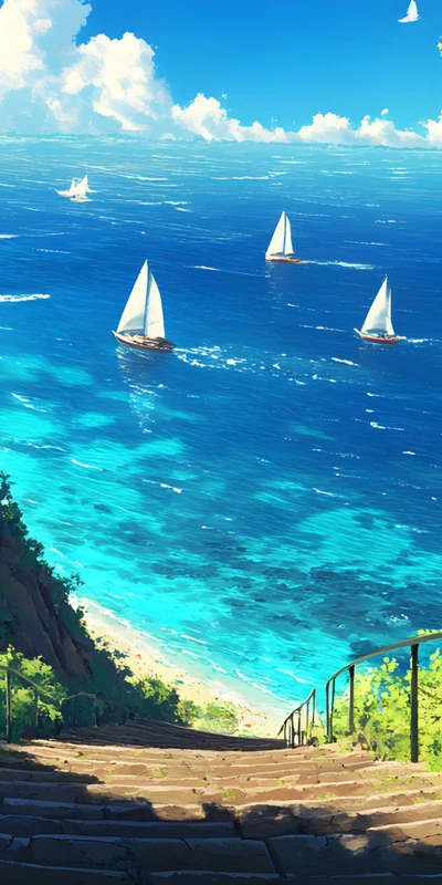 Studio Ghibli Style Seaside Stairs 8K Ultra HD Phone Wallpaper