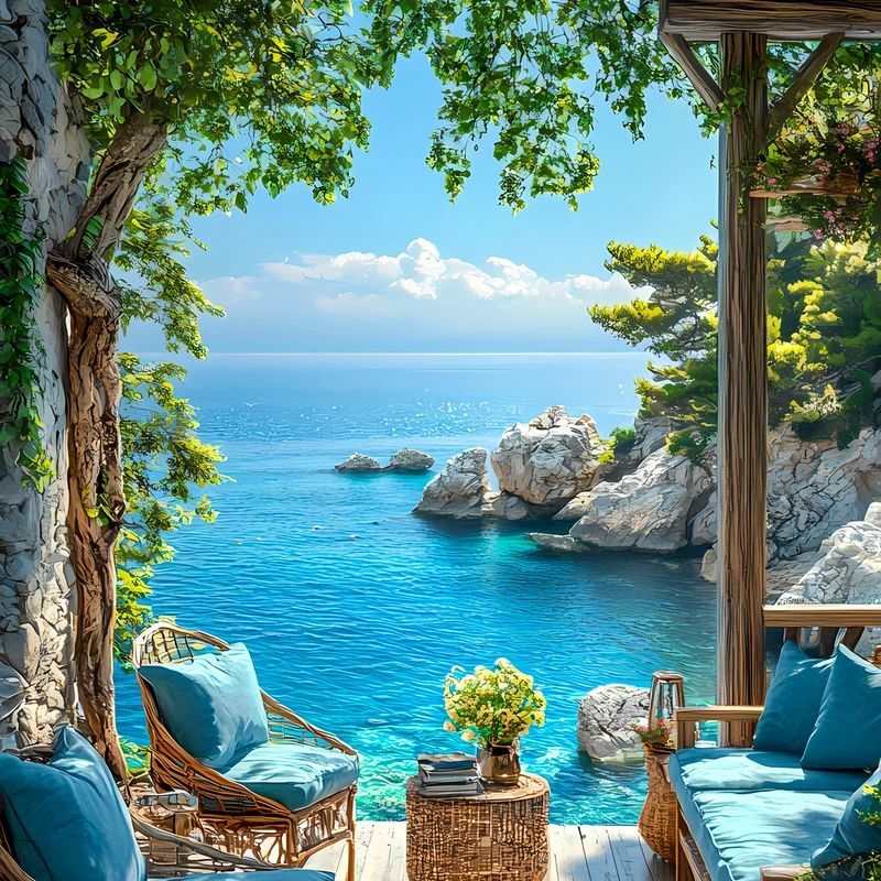 Mediterranean Ocean View Terrace 8K Ultra HD Phone Wallpaper