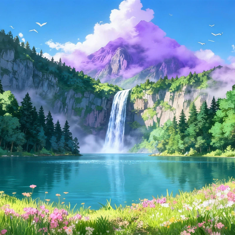 Anime-Style Waterfall Valley 8K Desktop Wallpaper