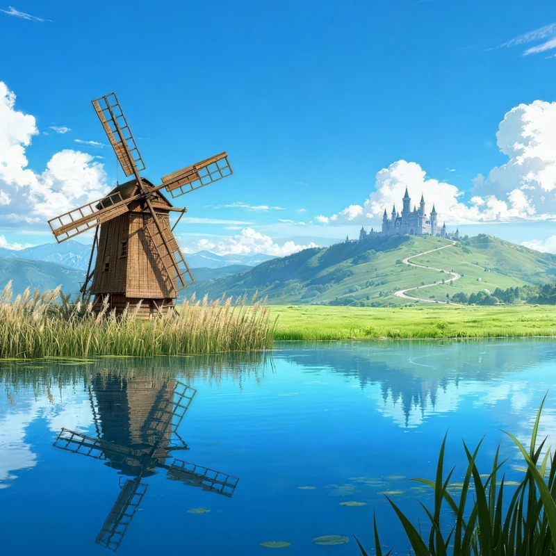 Anime Style Windmill Lake 8K Ultra HD Desktop Wallpaper