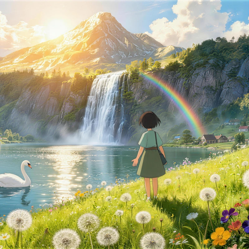 Studio Ghibli-Style Lake Shore Girl 8K Desktop Wallpaper