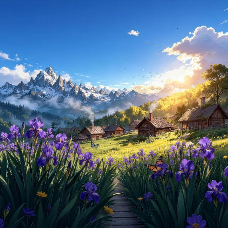 Alpine Village Spring Flowers 8K Ultra HD Desktop Wallpaper